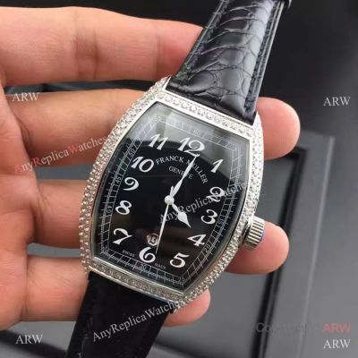 High Quality Franck Muller Geneve Diamond Case Black Leather Copy watch
